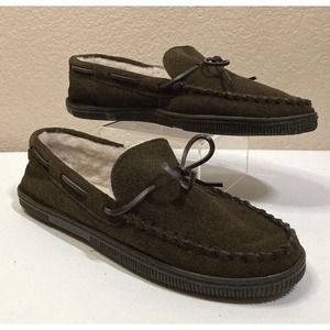 New Scandia Woods Slippers Mens Size 10W Dark Brown Suede Moccasin Fleece Lined
